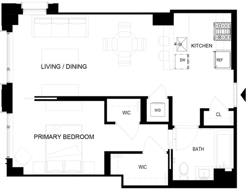 Floor plan for 1 bed, 1 bath, 646 sqft